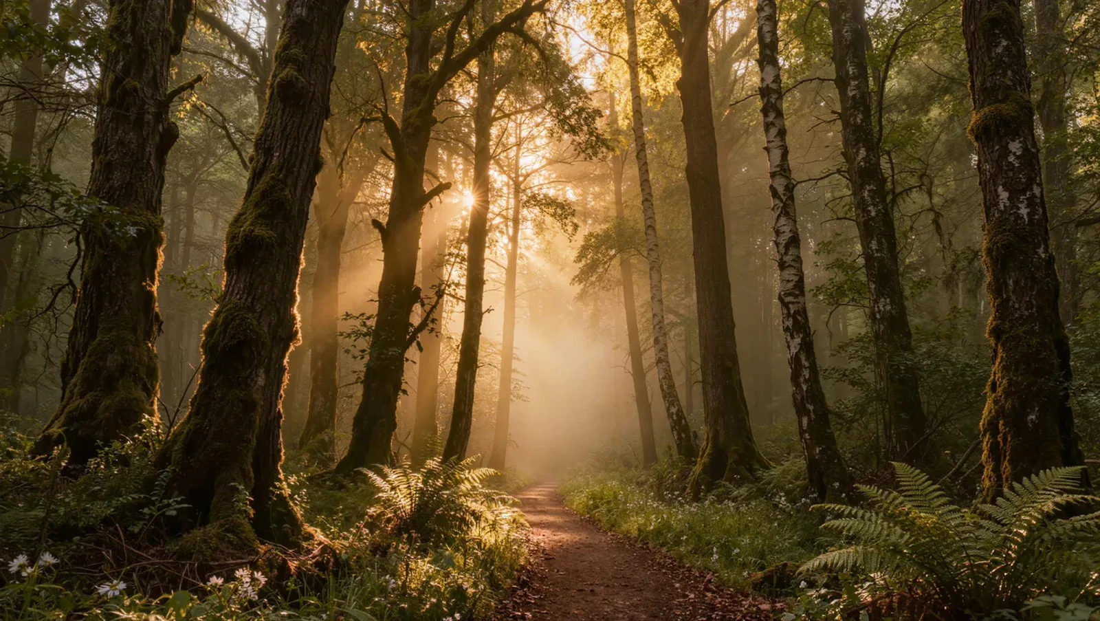 Nebliger Waldweg, durch den die Sonne bricht – der eigene Weg findet seine Klarheit